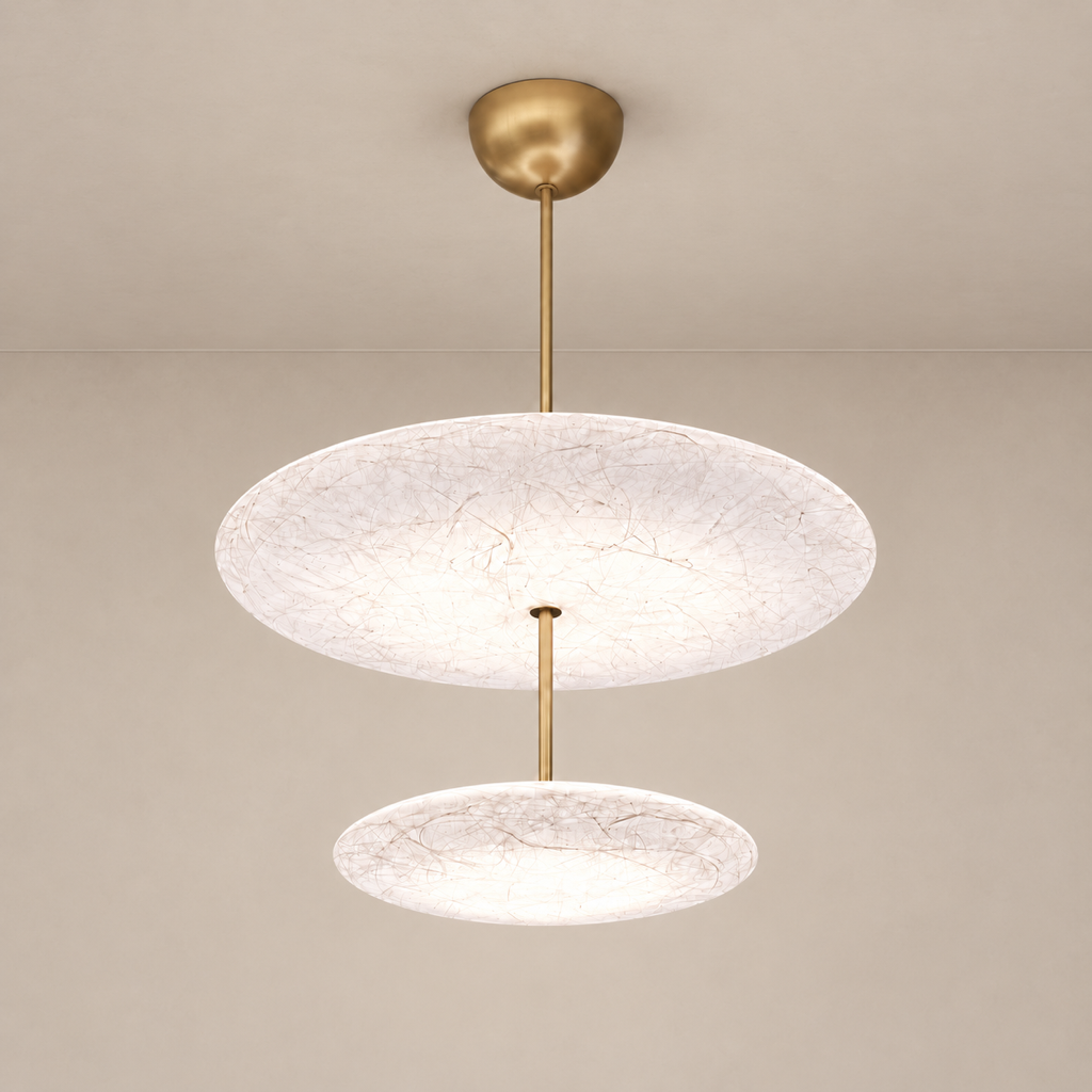 Lunavera Fibrous Acrylic Disc Chandelier in 2-Tier Gold with ceiling-mounted canopy