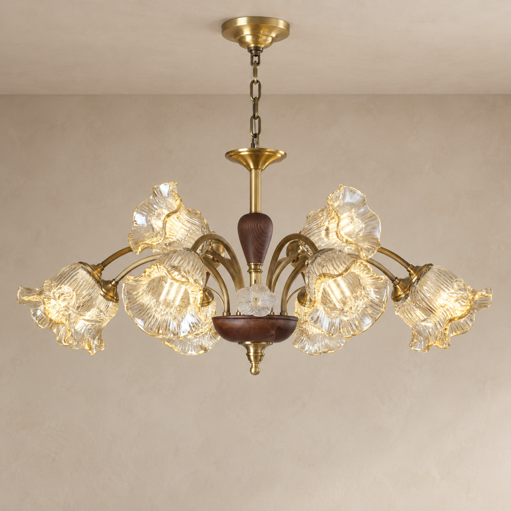 Lyravelle eight-light sculpted flower glass chandelier on a light warm-neutral installed background