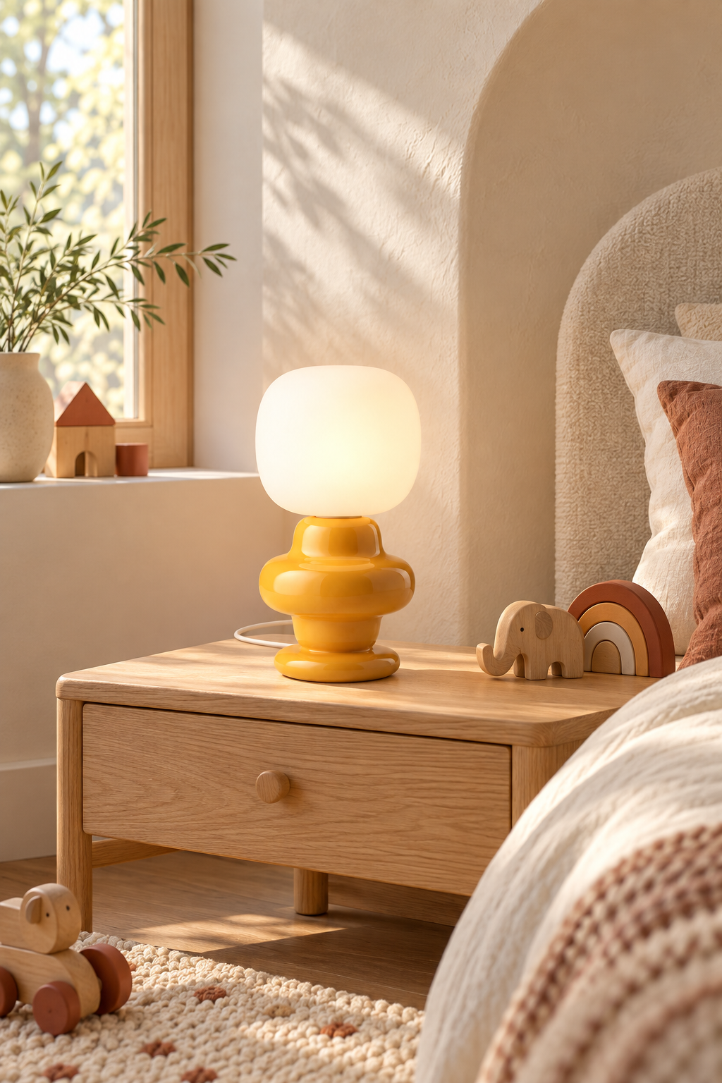 Marunelle yellow ceramic and glass table lamp glowing in a sunlit children's bedroom