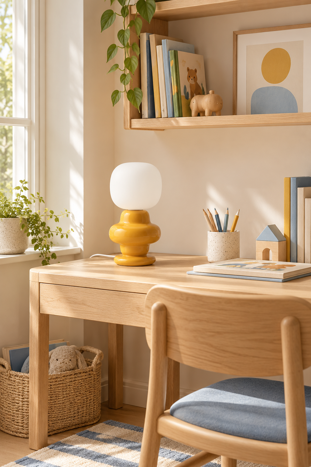 Marunelle yellow ceramic and glass table lamp switched off on a child's study desk