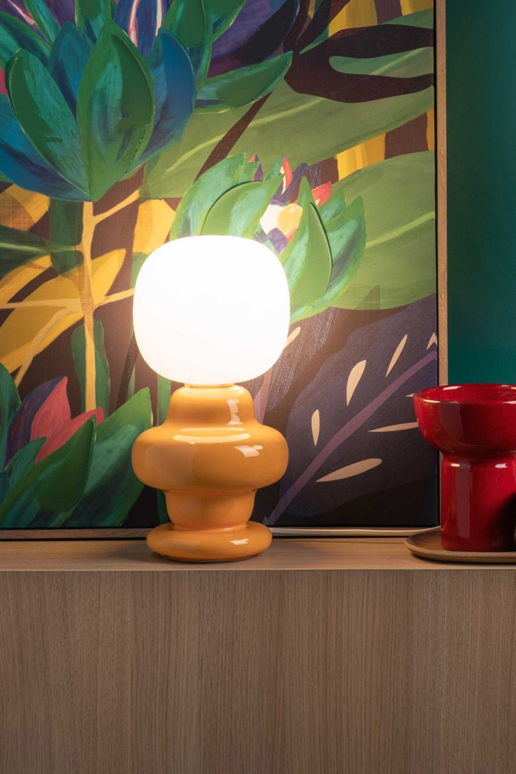 Marunelle yellow table lamp in the original colorful console scene