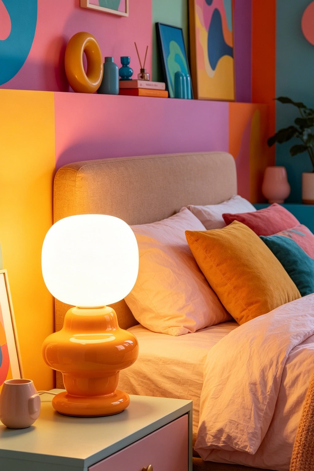 Marunelle yellow table lamp in the original colorful bedroom scene