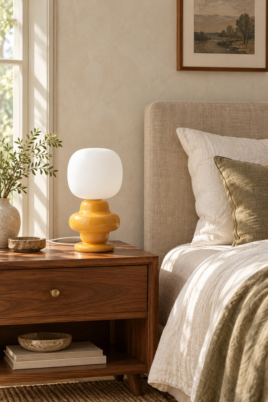Marunelle yellow table lamp on a warm bedroom nightstand