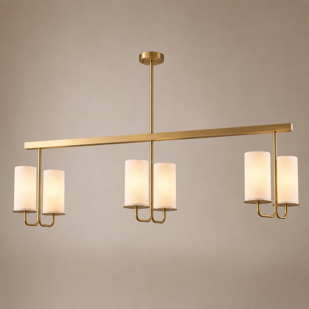 Solid Brass Six-Light Linear Chandelier product view on a warm neutral background, view 1