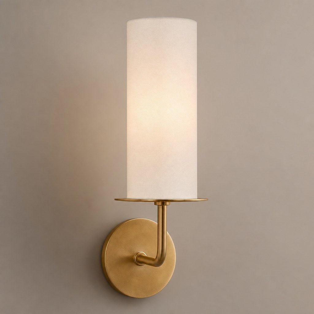 Solid Brass Fabric Shade Wall Sconce product view on a warm neutral background, view 1