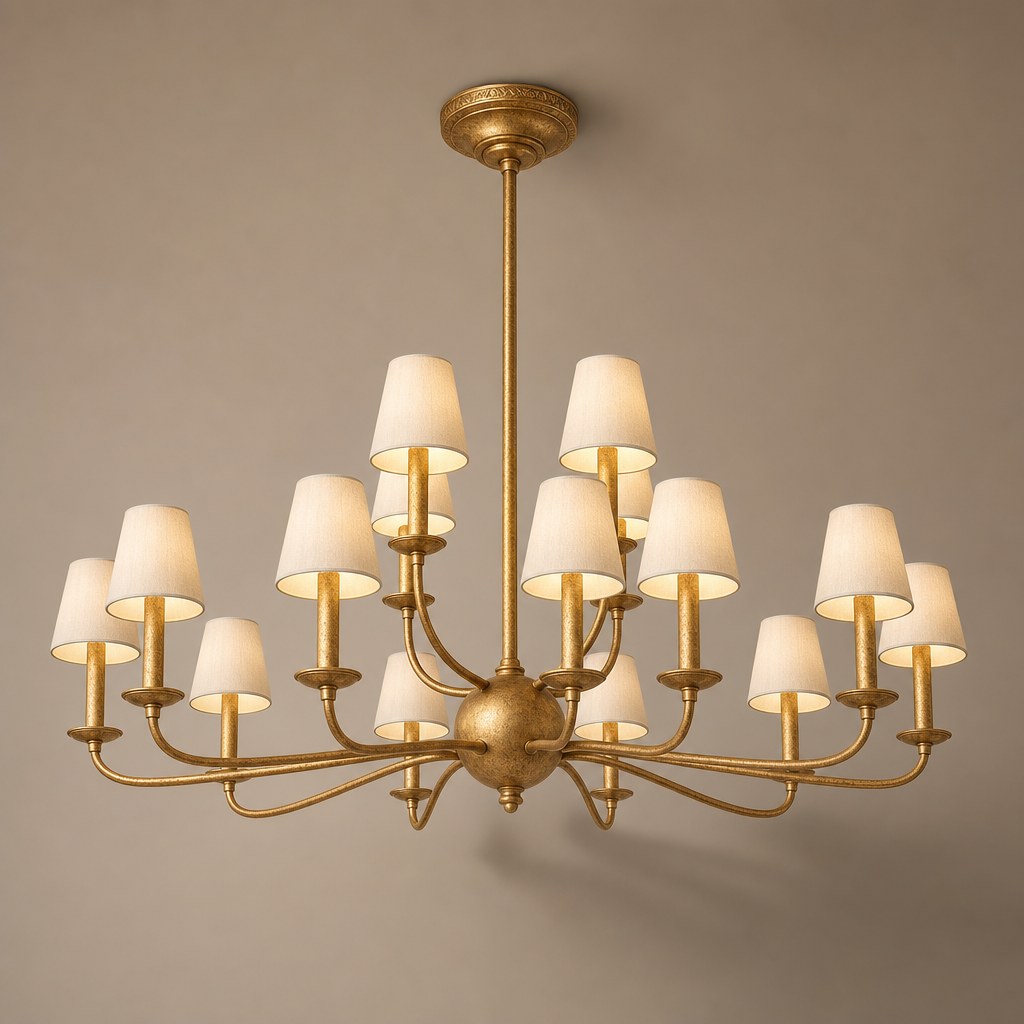 Tiered Brass and Fabric Linear Chandelier product view on a warm neutral background, view 1