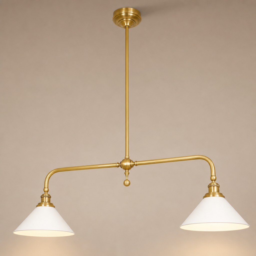 Brass and Ceramic Linear Chandelier product view on a warm neutral background, view 1
