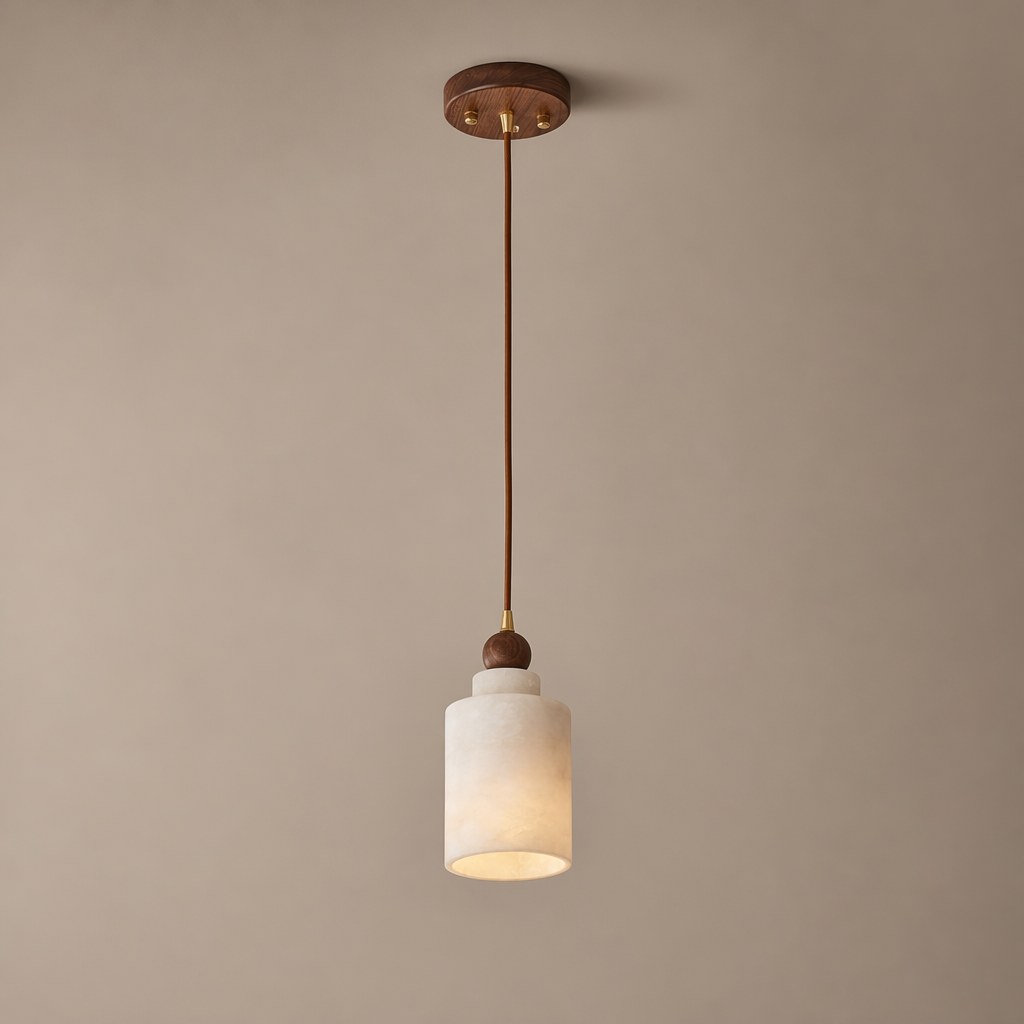 Spanish Marble and Walnut Cylinder Pendant Light - 01 01-hero-product