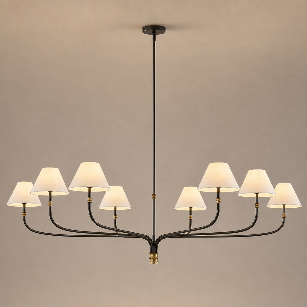 Brass and Black Linear Chandelier product view on a warm neutral background, view 1