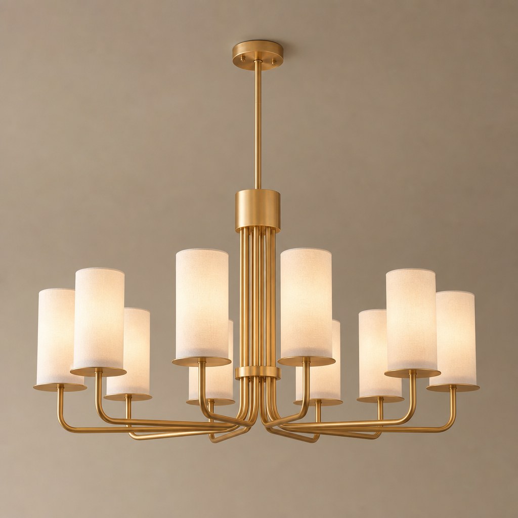 Solid Brass Tiered Chandelier product view on a warm neutral background, view 1
