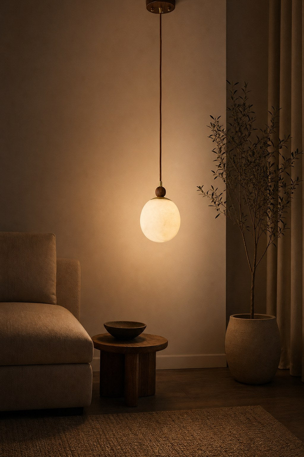 Alabaster Globe Walnut Pendant Light - 02 8070-06-night-mood-revision-01