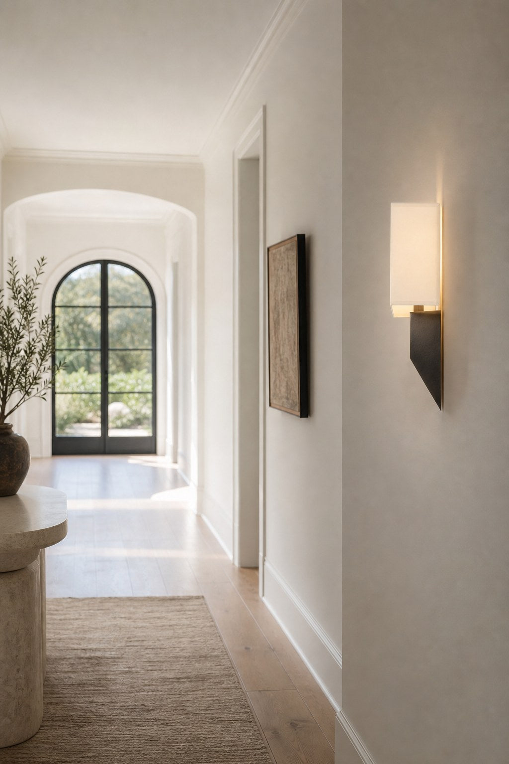 Geometric Brass Fabric Shade Wall Sconce - 02 02-hallway-wall-wide-daylight