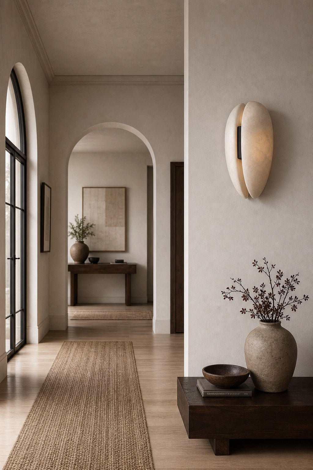 Spanish Snowflake Alabaster and Black Leather Wall Sconce - 02 02-hallway-wall-wide-daylight