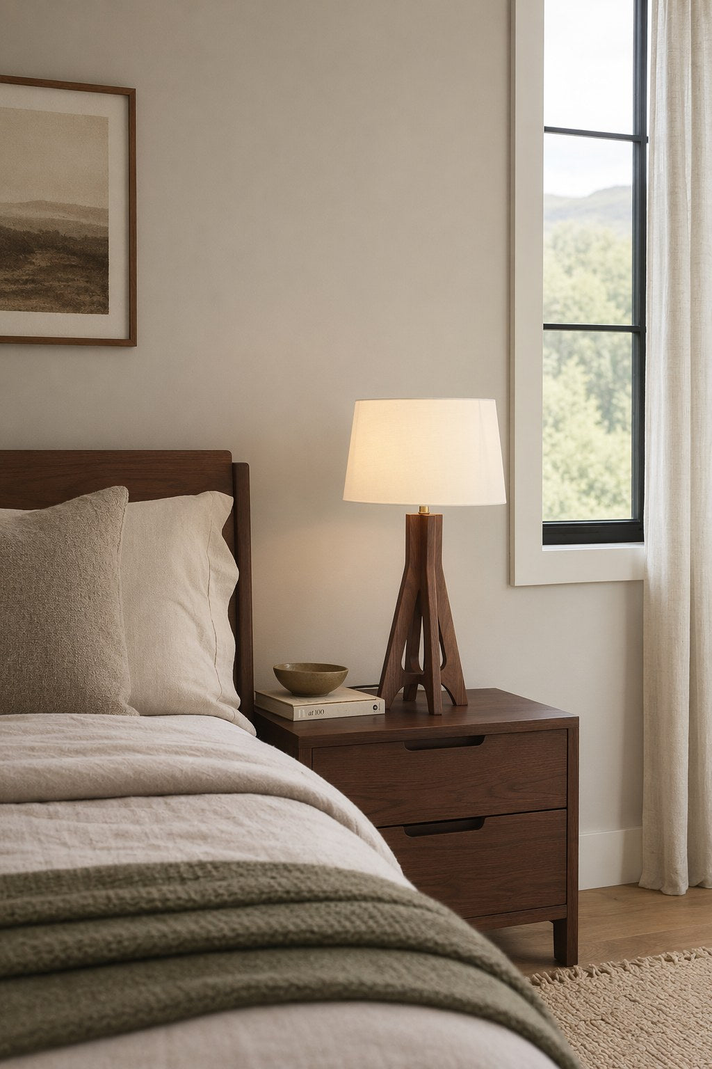 Black Walnut Ash Wood Table Lamp with Off-White Fabric Shade - 02 02-wide-bedroom-bedside-table-daylight