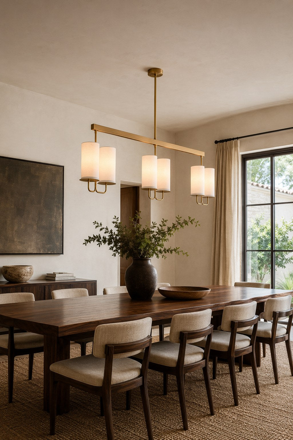 Solid Brass Six-Light Linear Chandelier installed over a dining area, view 2