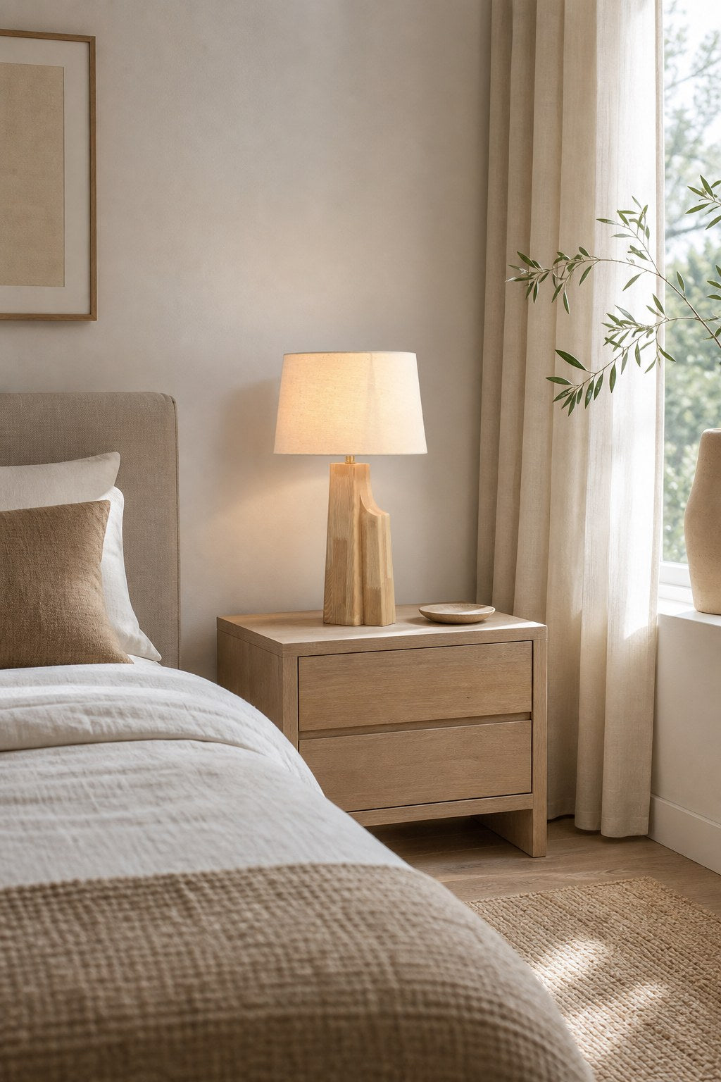 Ash Wood Fabric Shade Table Lamp - 02 02-wide-bedroom-bedside-table-daylight