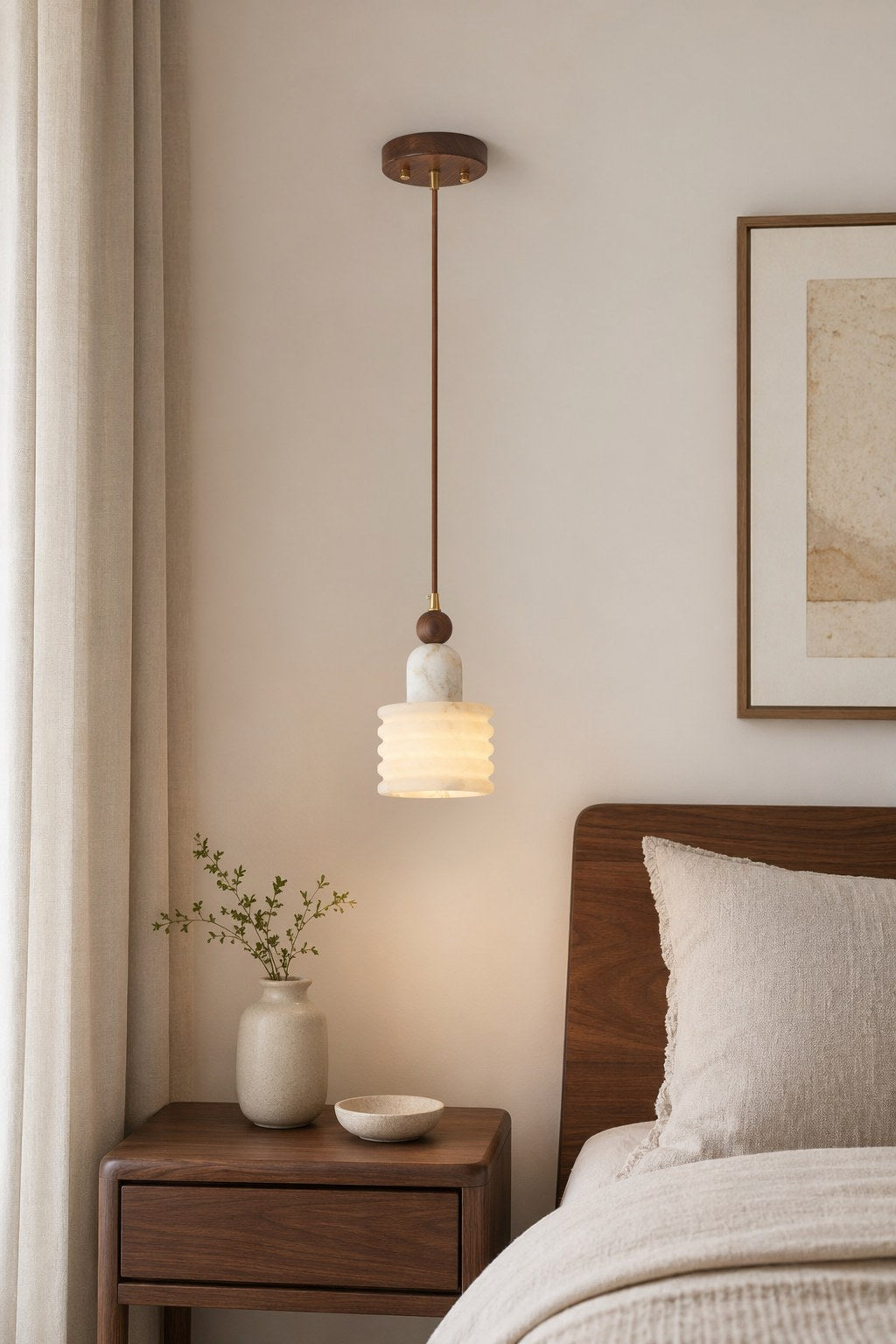 Spanish Marble and Walnut Single Pendant Light - 02 04-bedroom-bedside-daylight