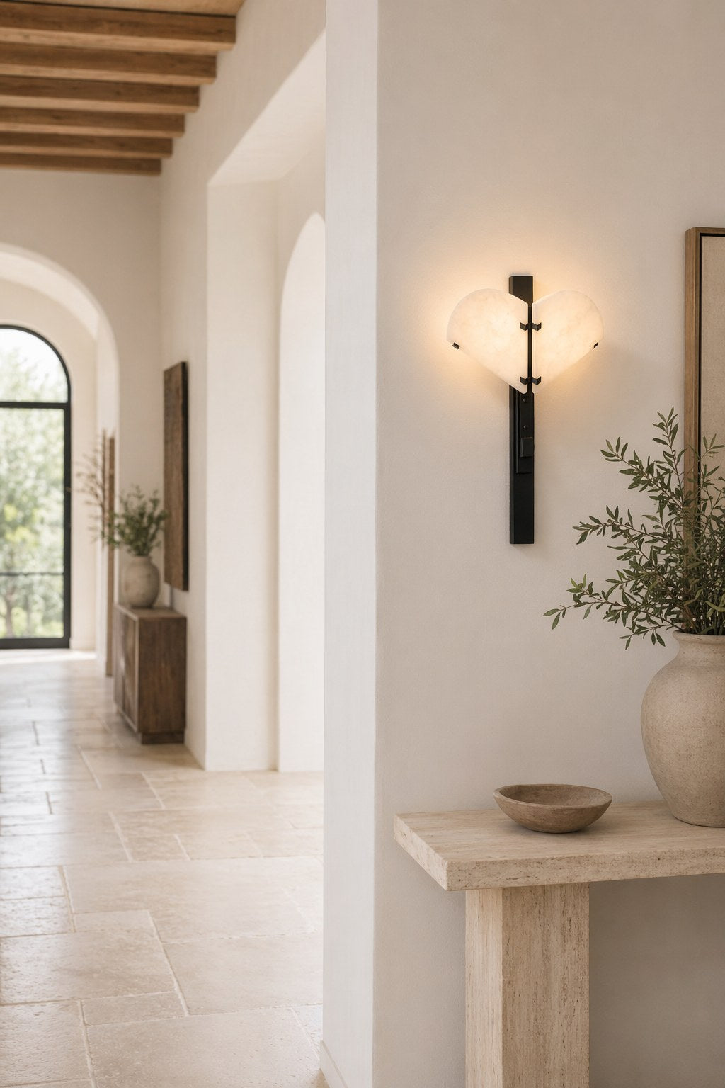 Spanish Snowflake Alabaster and Black Metal Wall Sconce - 02 02-hallway-wall-wide-daylight