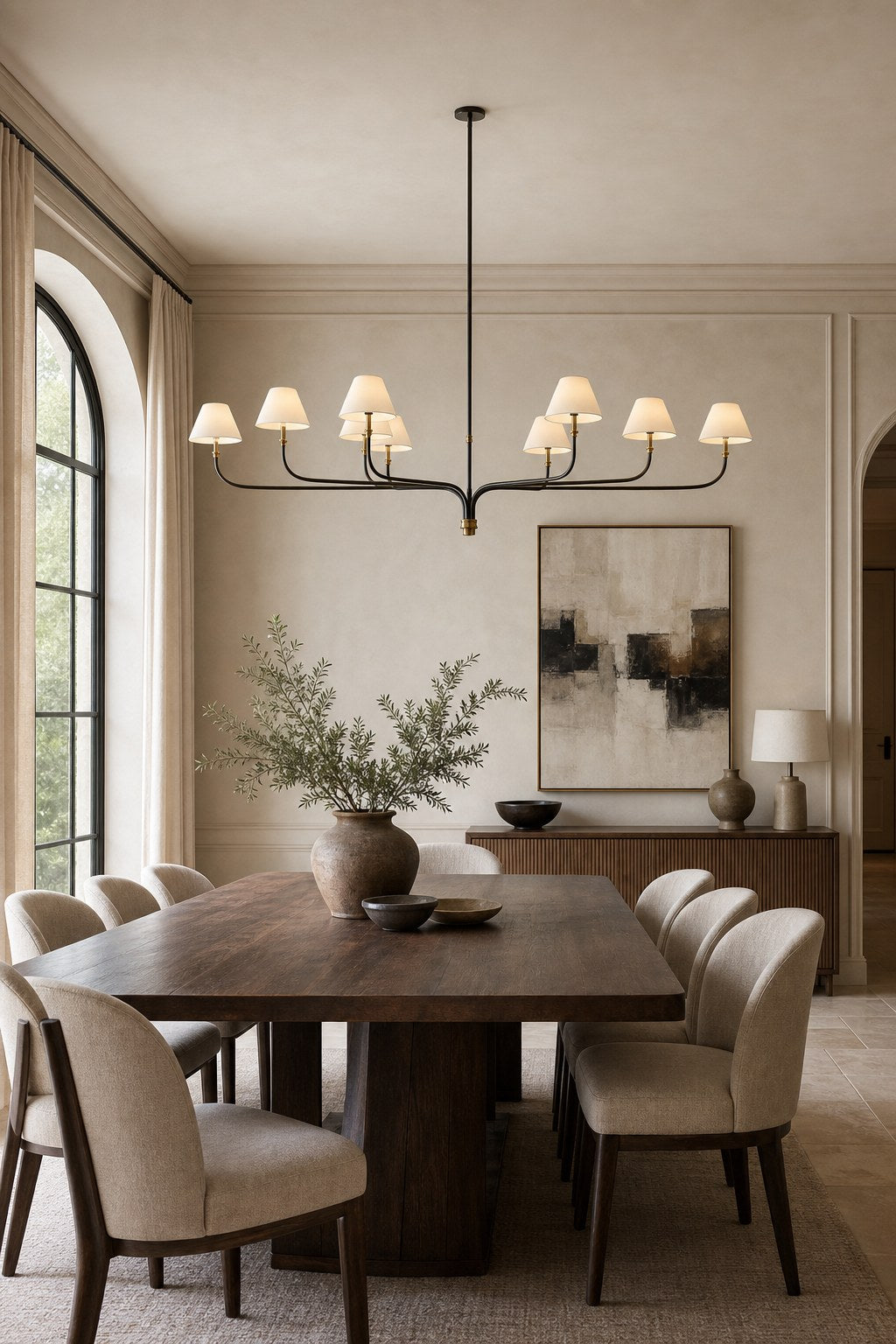 Brass and Black Linear Chandelier installed over a dining area, view 2