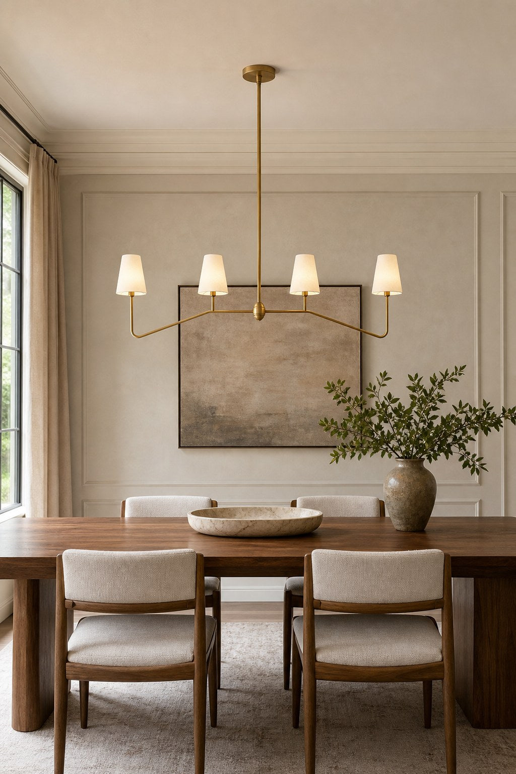 Four-Light Brass and Fabric Linear Chandelier installed over a dining area, view 2