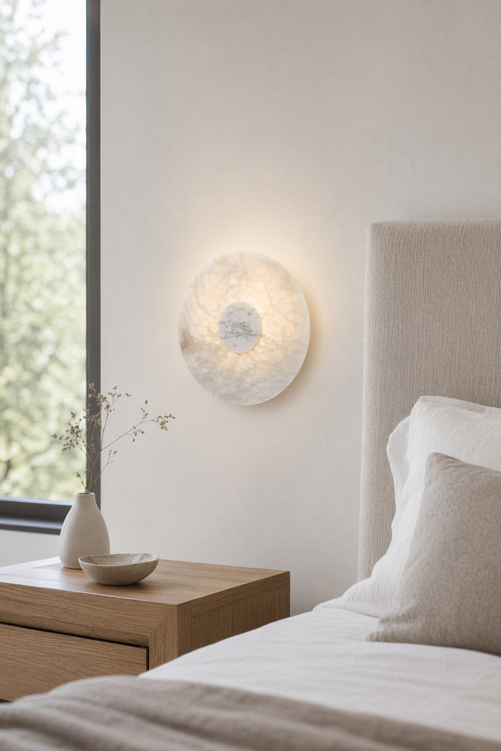 Spanish Alabaster and Marble Round Wall Sconce - 02 03-bedroom-bedside-daylight