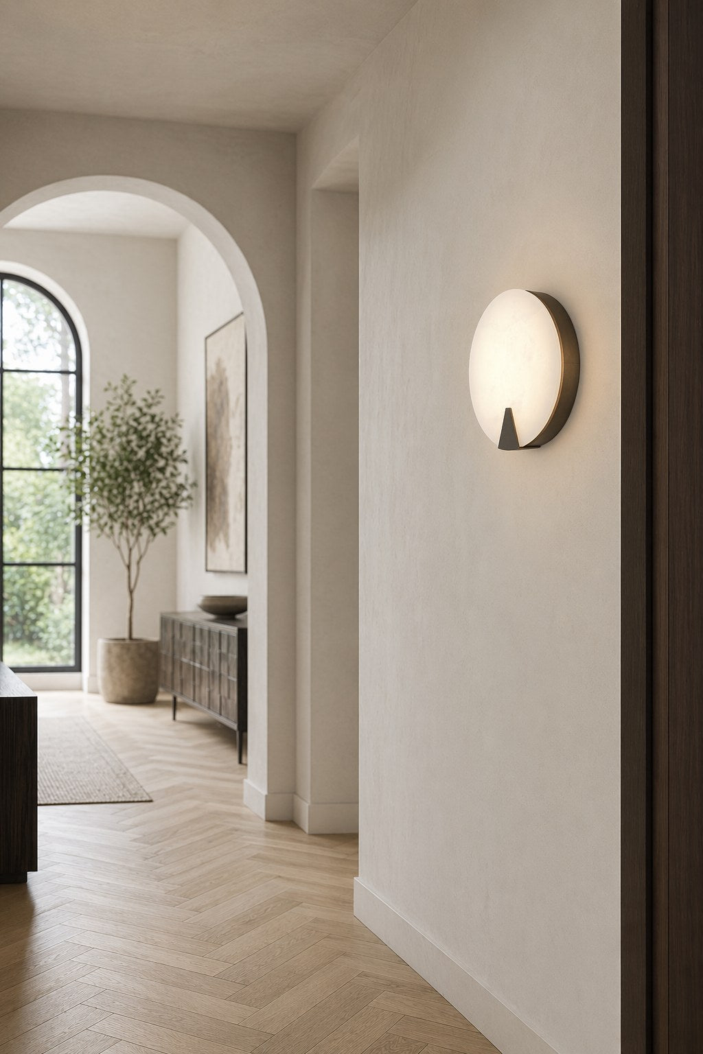 Spanish Snowflake Alabaster Round Wall Sconce - 02 02-hallway-wall-wide-daylight