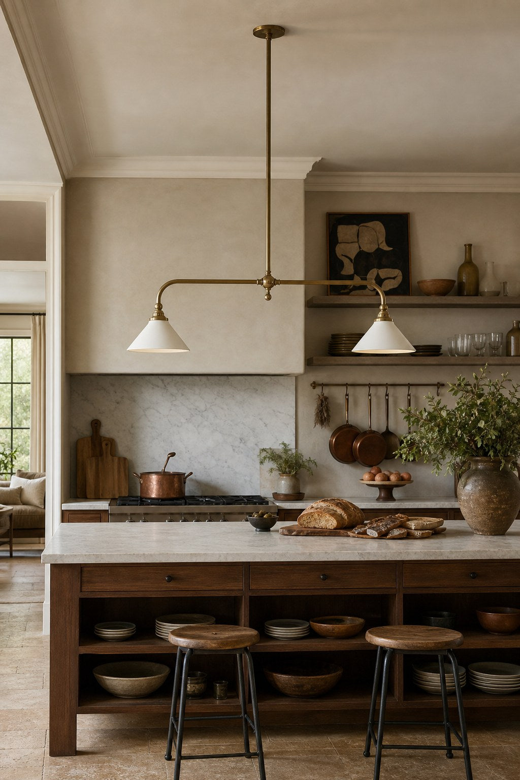Brass and Ceramic Linear Chandelier installed over a kitchen island, view 2