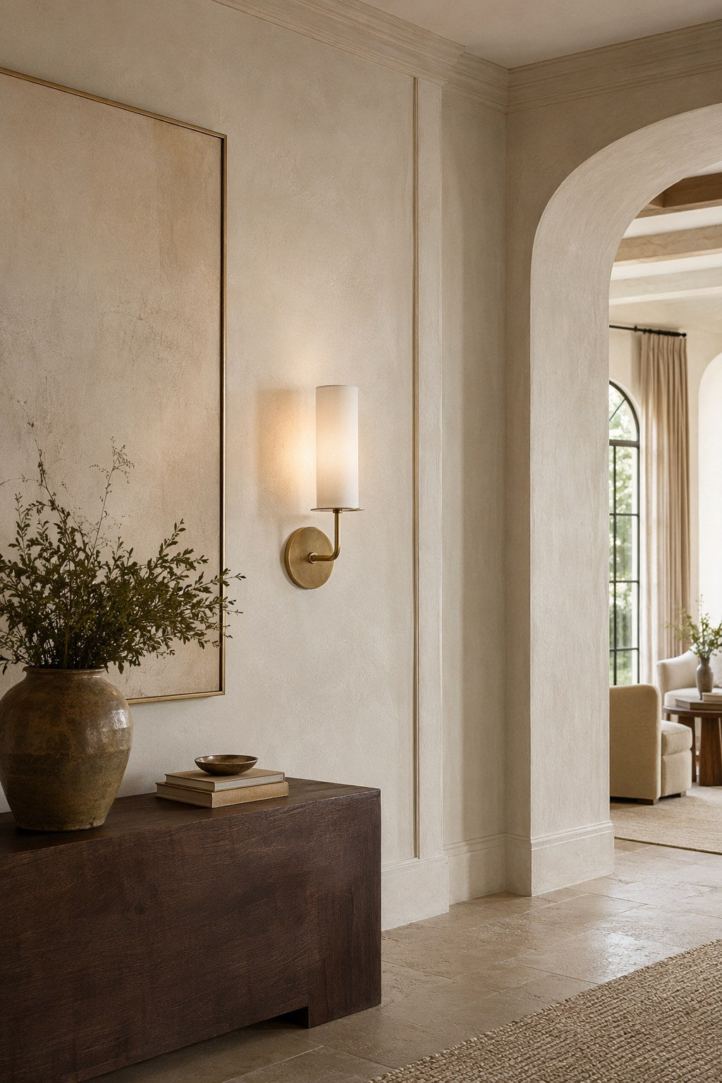 Solid Brass Fabric Shade Wall Sconce installed in an entry or hallway, view 2