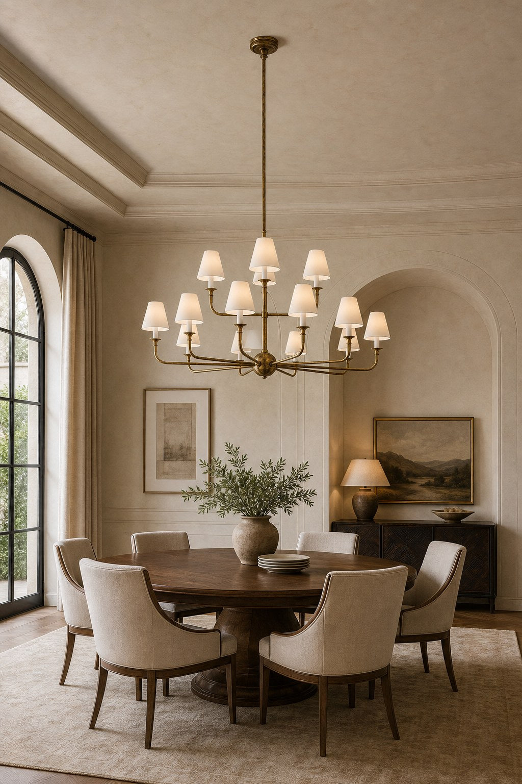 Tiered Brass and Fabric Linear Chandelier installed over a dining area, view 2