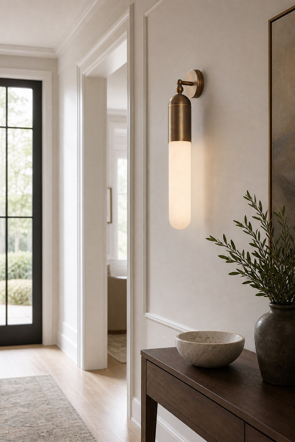 Snowflake Alabaster and Antique Copper Cylinder Wall Sconce - 02 02-hallway-wall-wide-daylight