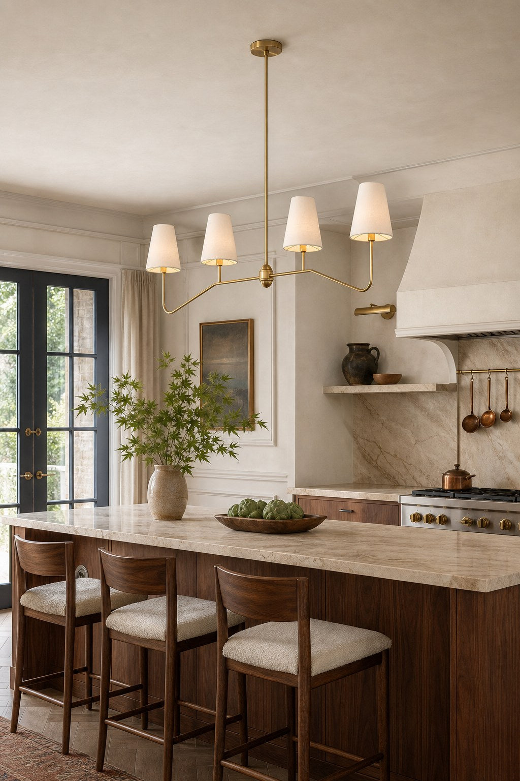 Four-Light Brass and Fabric Linear Chandelier installed over a kitchen island, view 3