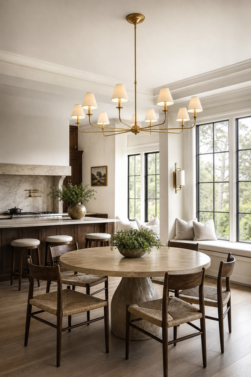 Tiered Brass and Fabric Linear Chandelier installed over a kitchen island, view 3