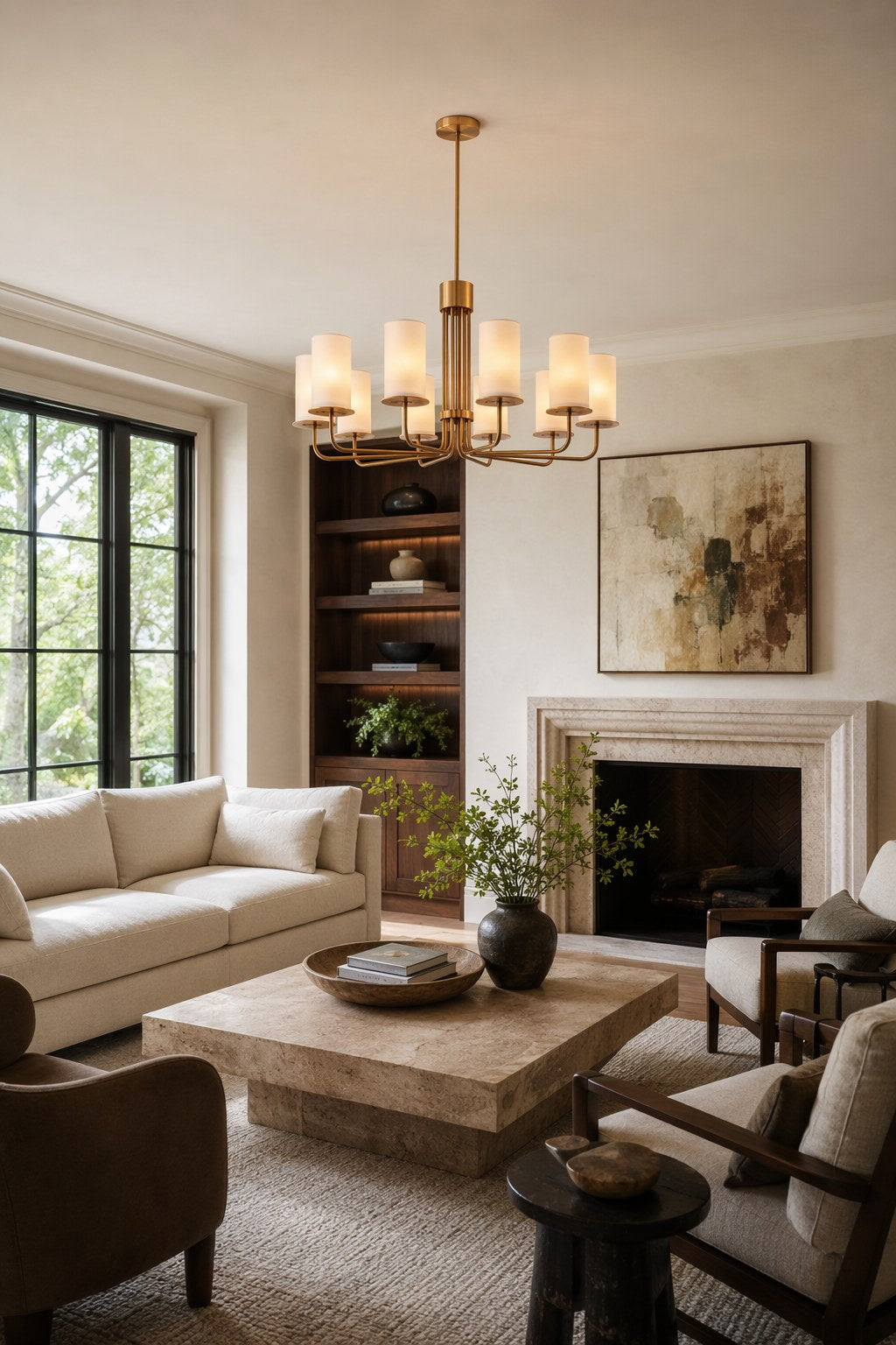 Solid Brass Tiered Chandelier installed in a living room, view 3