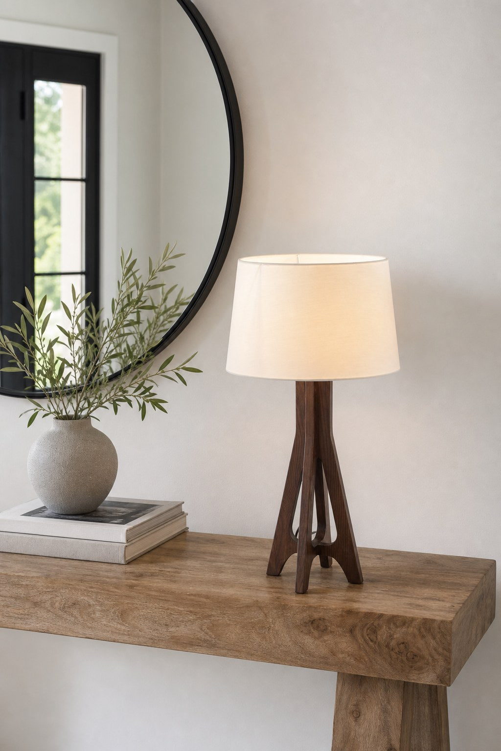 Black Walnut Ash Wood Table Lamp with Off-White Fabric Shade - 03 03-console-table-daylight