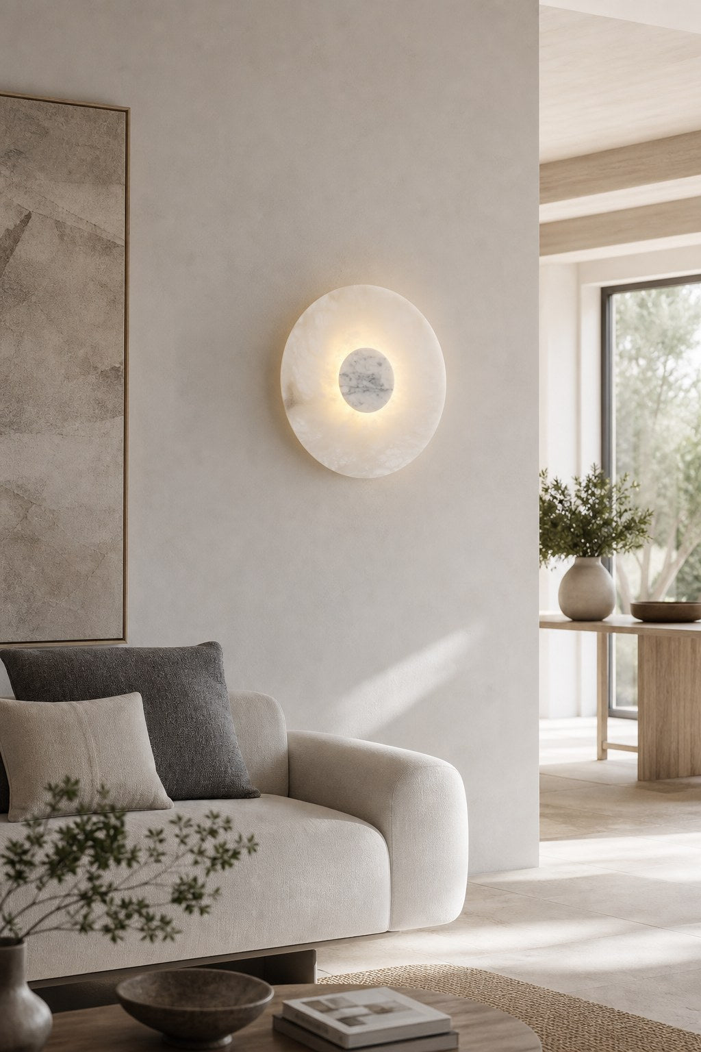 Spanish Alabaster and Marble Round Wall Sconce - 03 04-living-room-feature-wall-wide-daylight