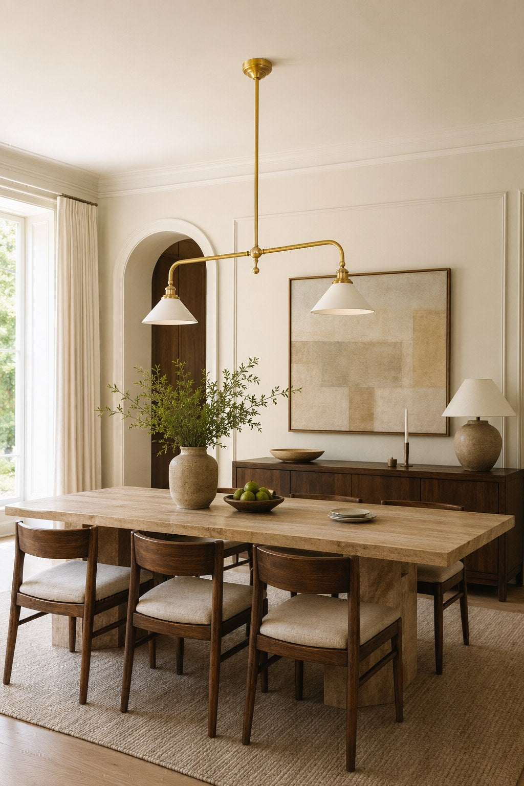Brass and Ceramic Linear Chandelier installed over a dining area, view 3