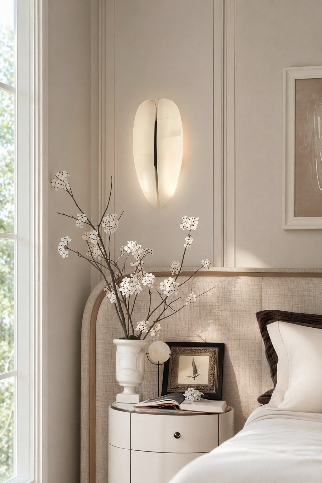 Spanish Snowflake Alabaster and Black Leather Wall Sconce - 03 03-bedroom-bedside-daylight