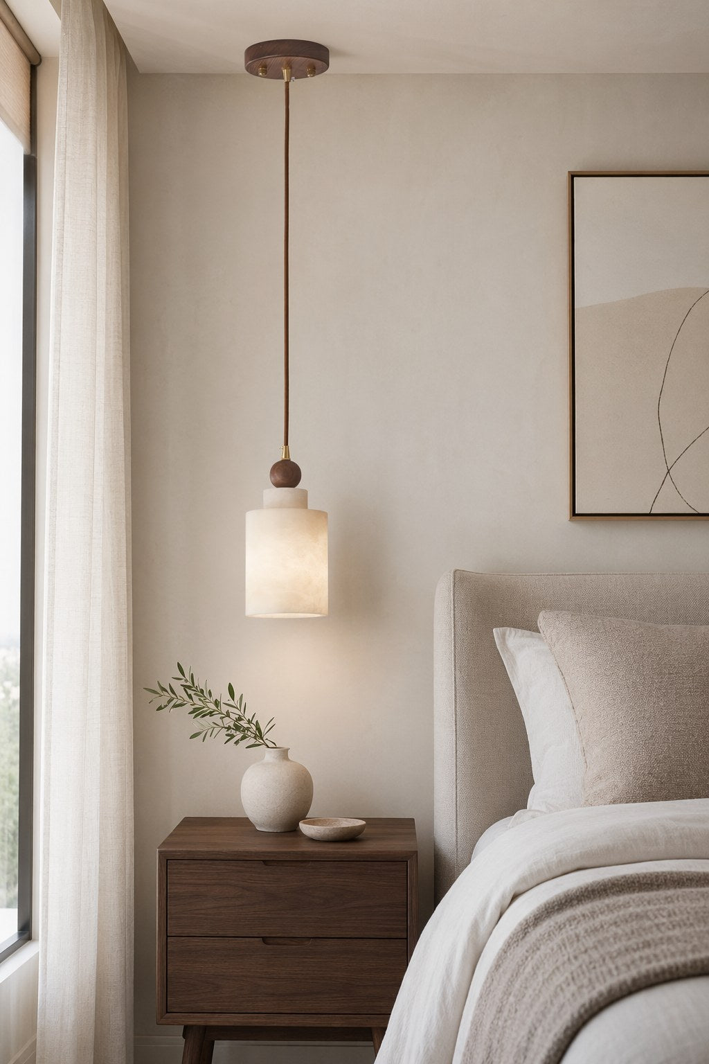 Spanish Marble and Walnut Cylinder Pendant Light - 03 04-bedroom-bedside-daylight