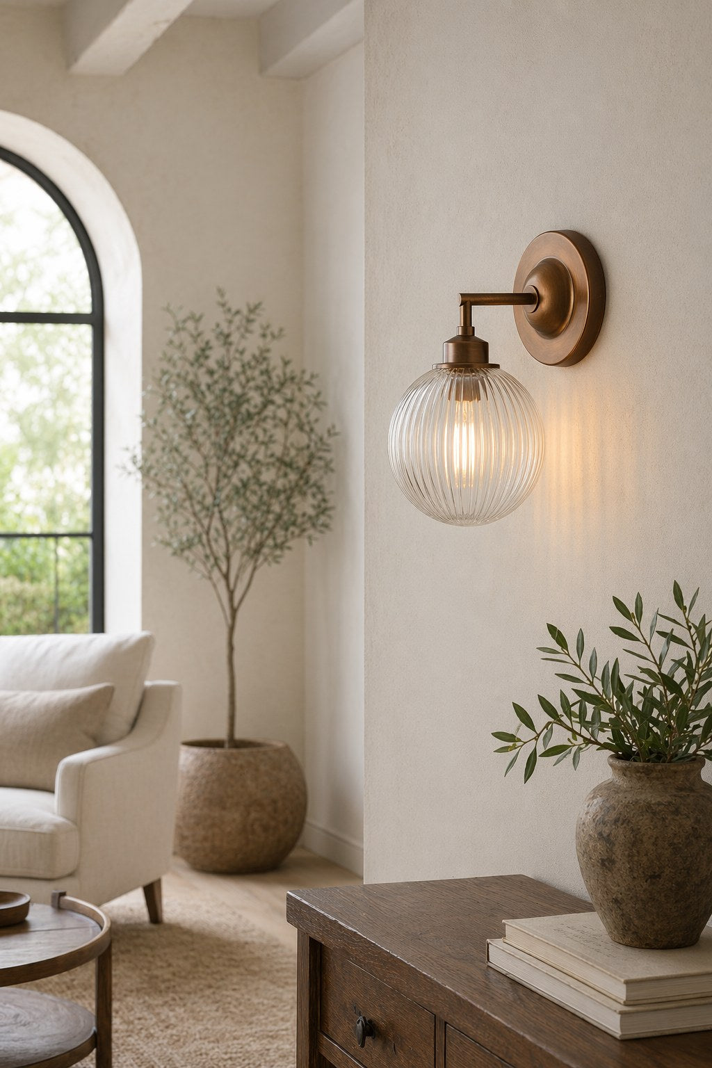 Red Antique Copper Ribbed Glass Wall Sconce - 03 04-living-room-feature-wall-wide-daylight