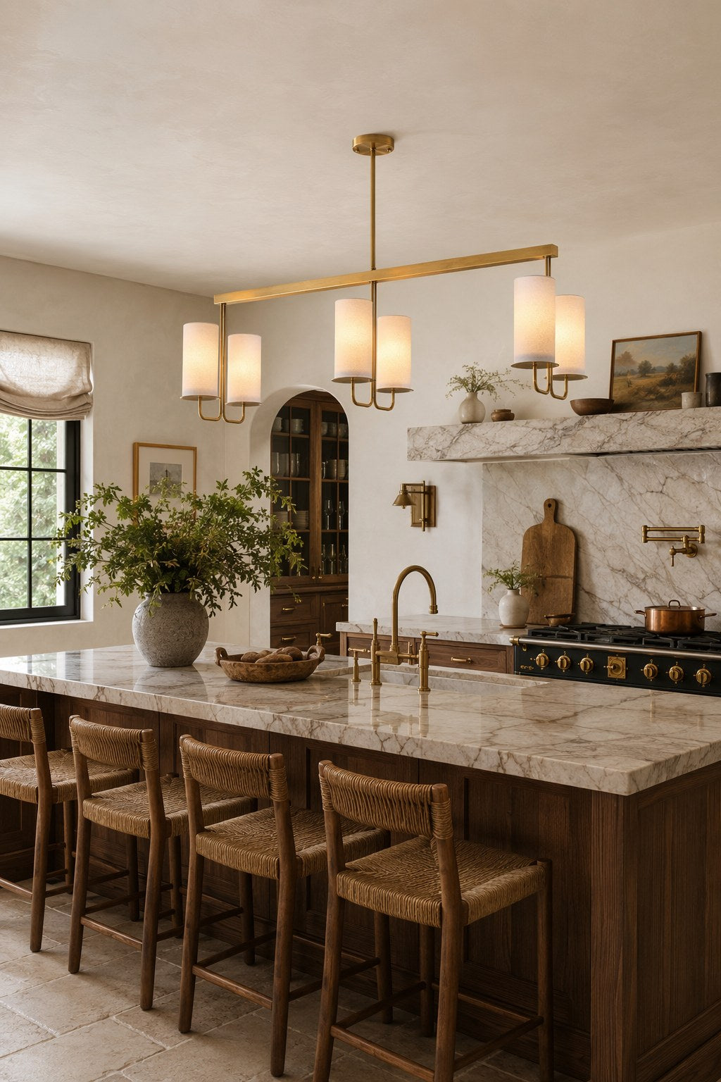 Solid Brass Six-Light Linear Chandelier installed over a kitchen island, view 3
