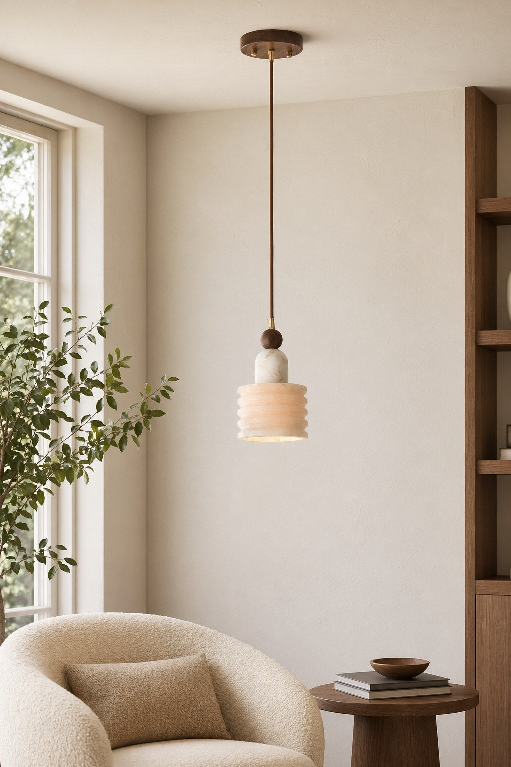 Spanish Marble and Walnut Single Pendant Light - 03 06-reading-corner-daylight
