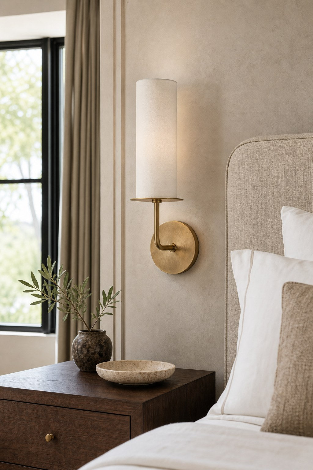 Solid Brass Fabric Shade Wall Sconce installed in a bedroom, view 3