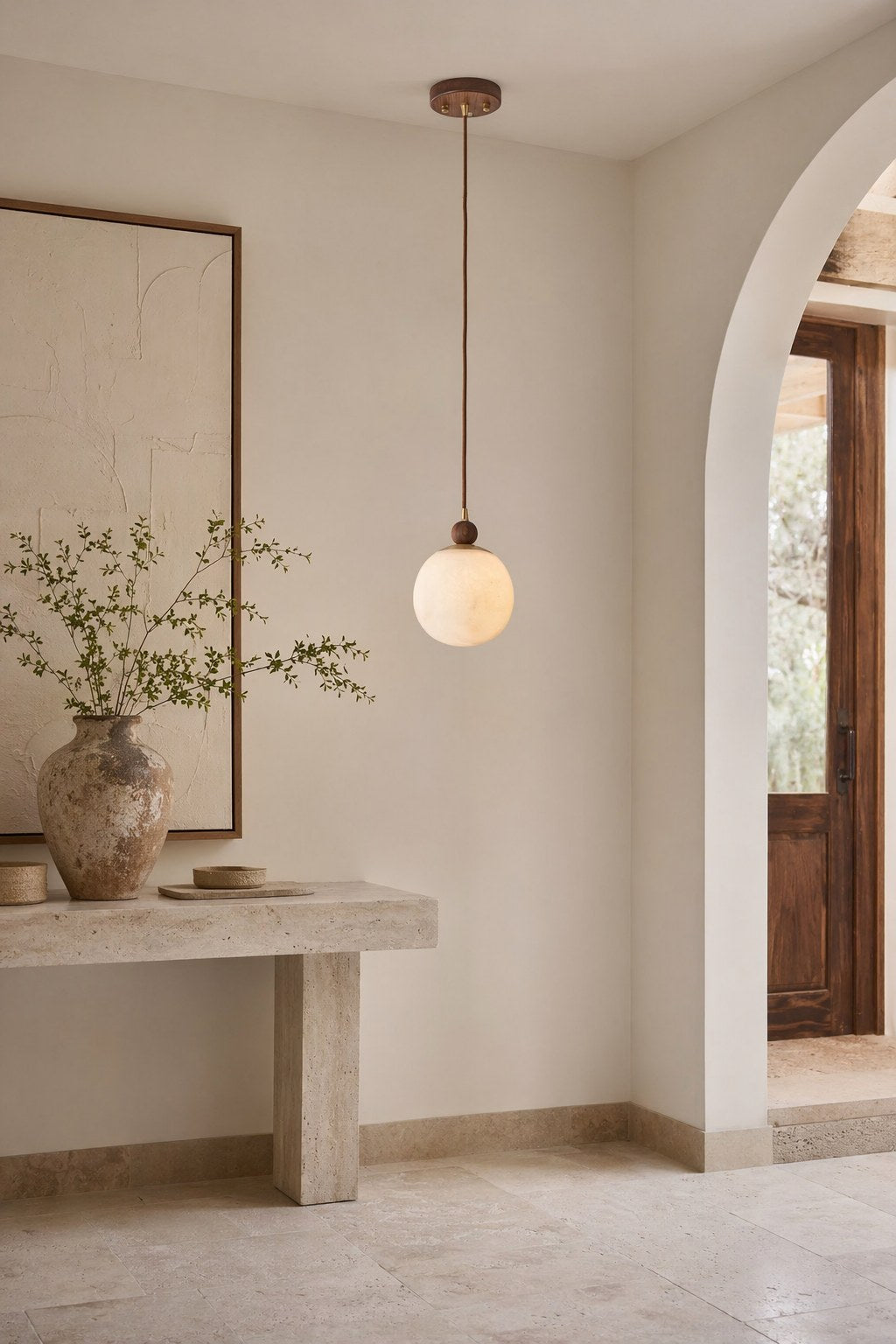 Alabaster Globe Walnut Pendant Light - 04 05-entryway-gallery-daylight
