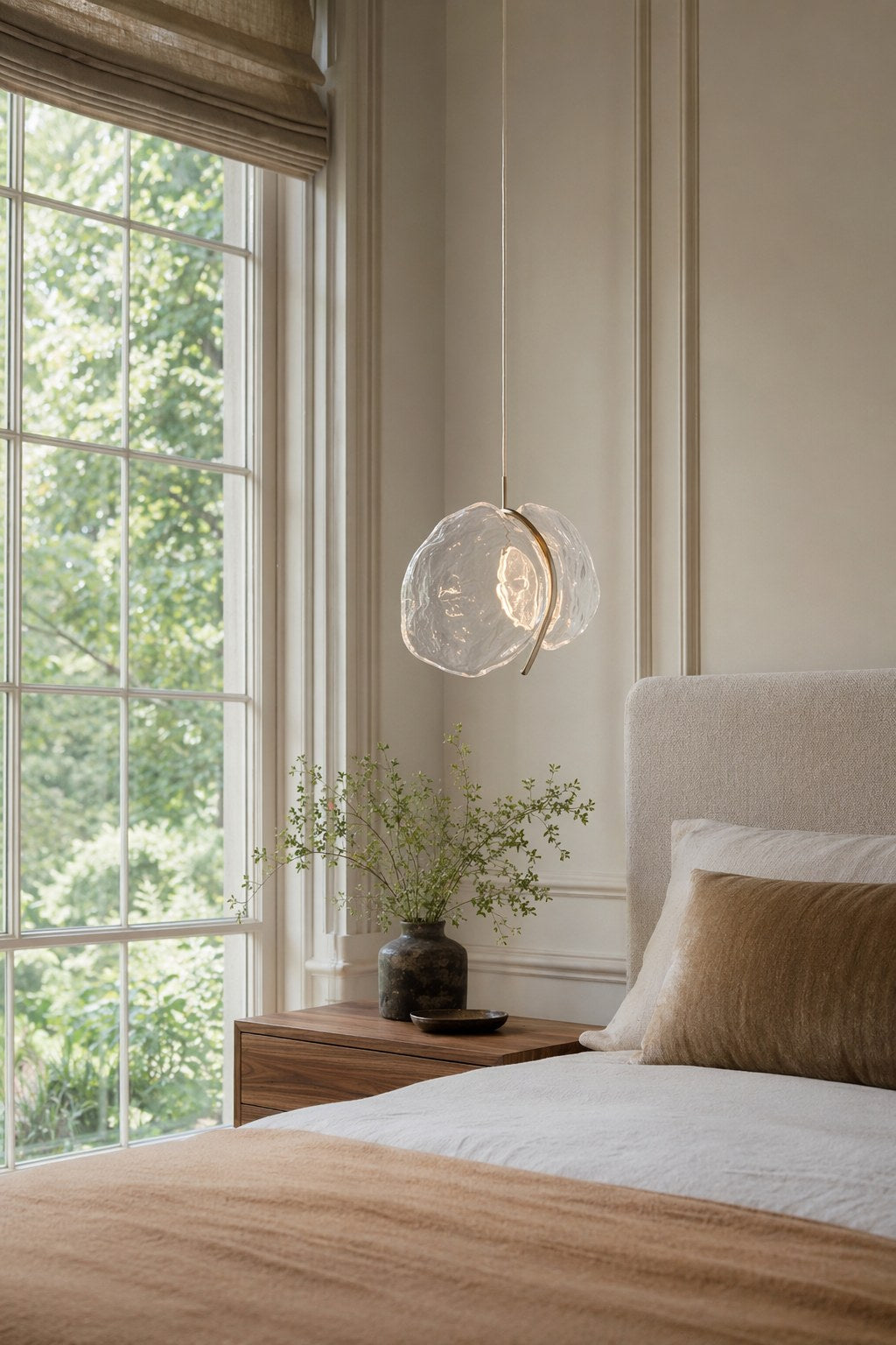 Clear Blown Glass Petal Cascade Chandelier - 04 04-bedroom-bedside-daylight