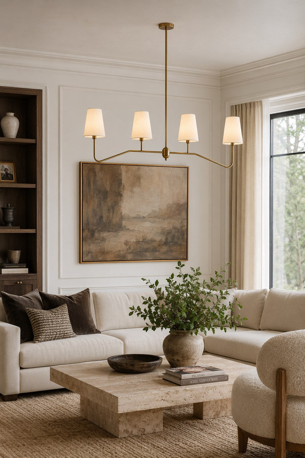 Four-Light Brass and Fabric Linear Chandelier installed in a living room, view 4