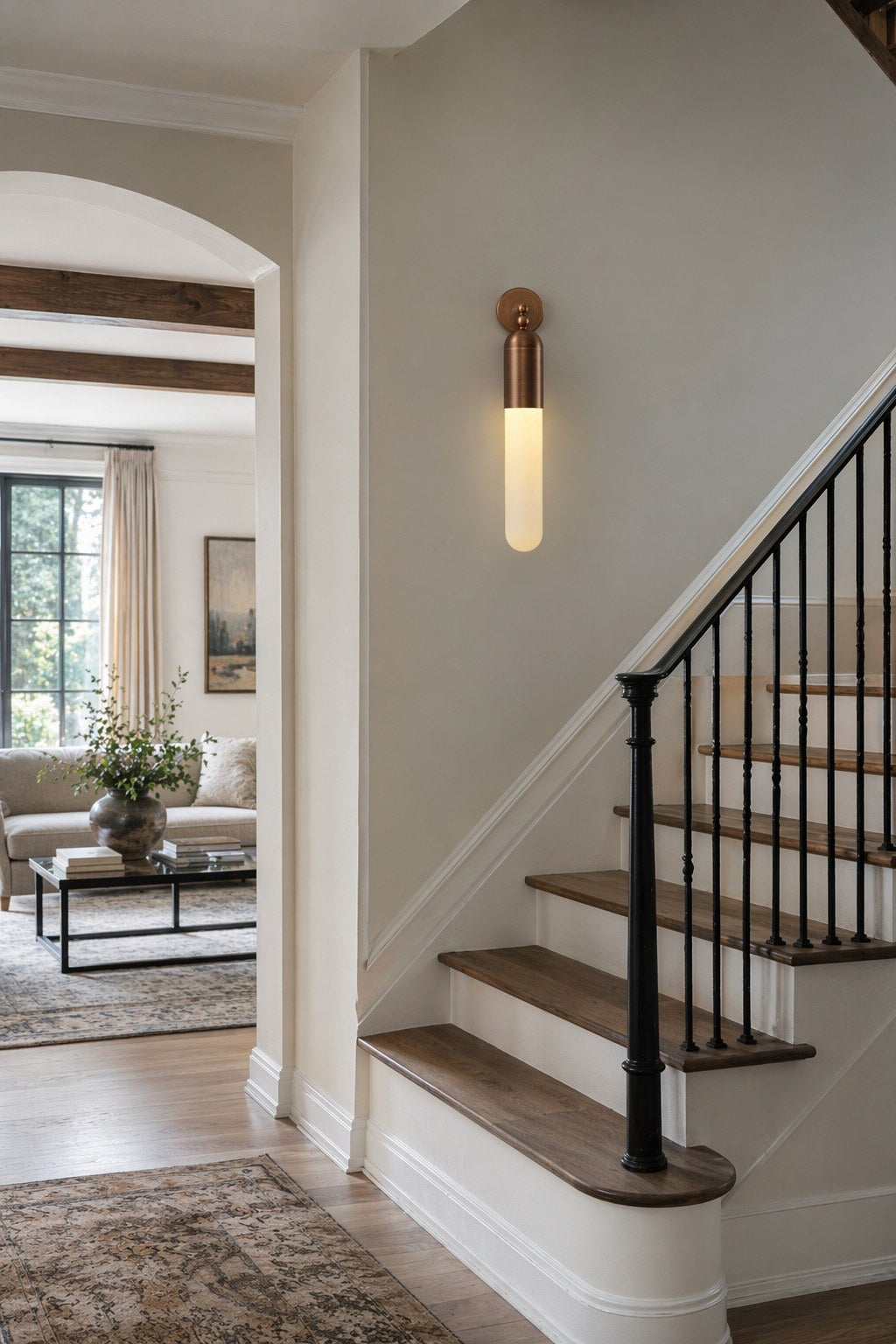Snowflake Alabaster and Antique Copper Cylinder Wall Sconce - 04 07-staircase-wall-wide-daylight