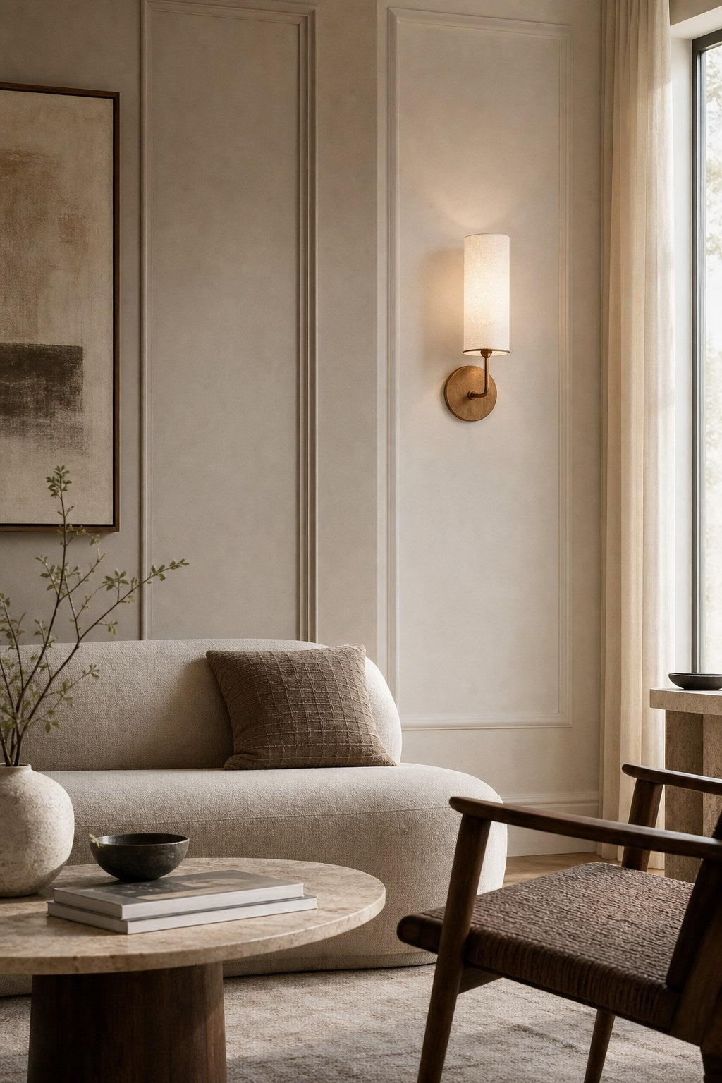 Solid Brass Fabric Shade Wall Sconce installed in a living room, view 4