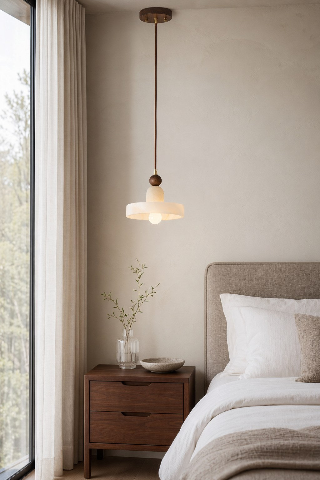 Spanish Marble and Walnut Disc Pendant Light - 04 04-bedroom-bedside-daylight