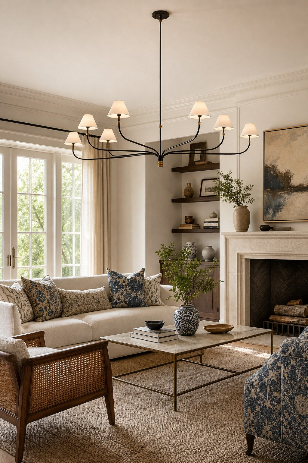 Brass and Black Linear Chandelier installed in a living room, view 4