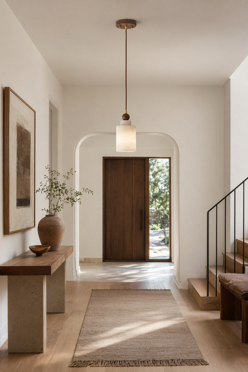 Spanish Marble and Walnut Cylinder Pendant Light - 04 05-entryway-wide-daylight